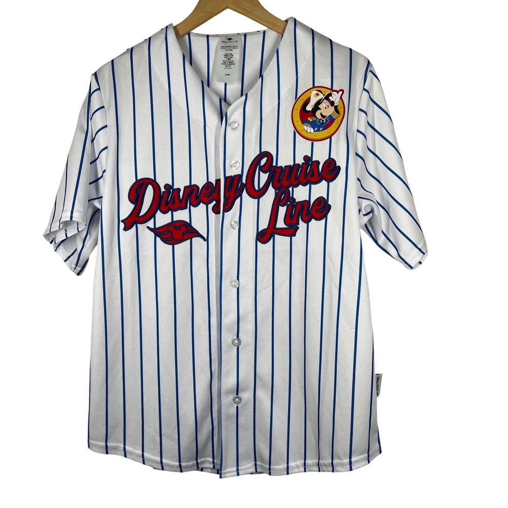 Disney Cruise Line Captain Mickey 98 Baseball Jersey White Blue Pinstripe XS